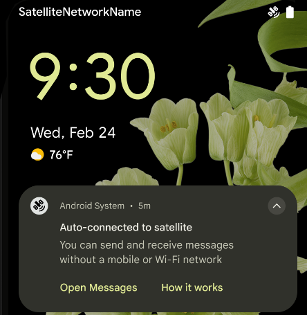 Captura de tela mostrando o novo indicador de conectividade via satélite do Android 15 e uma notificação do sistema Android que permite aos usuários saber quando seu telefone está conectado a um satélite para dados e textos.