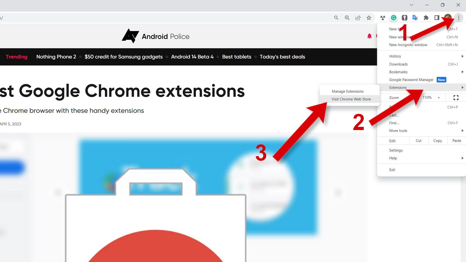 Uma captura de tela de um navegador Chrome com setas apontando para a opção de menu para abrir a Chrome Web Store-1