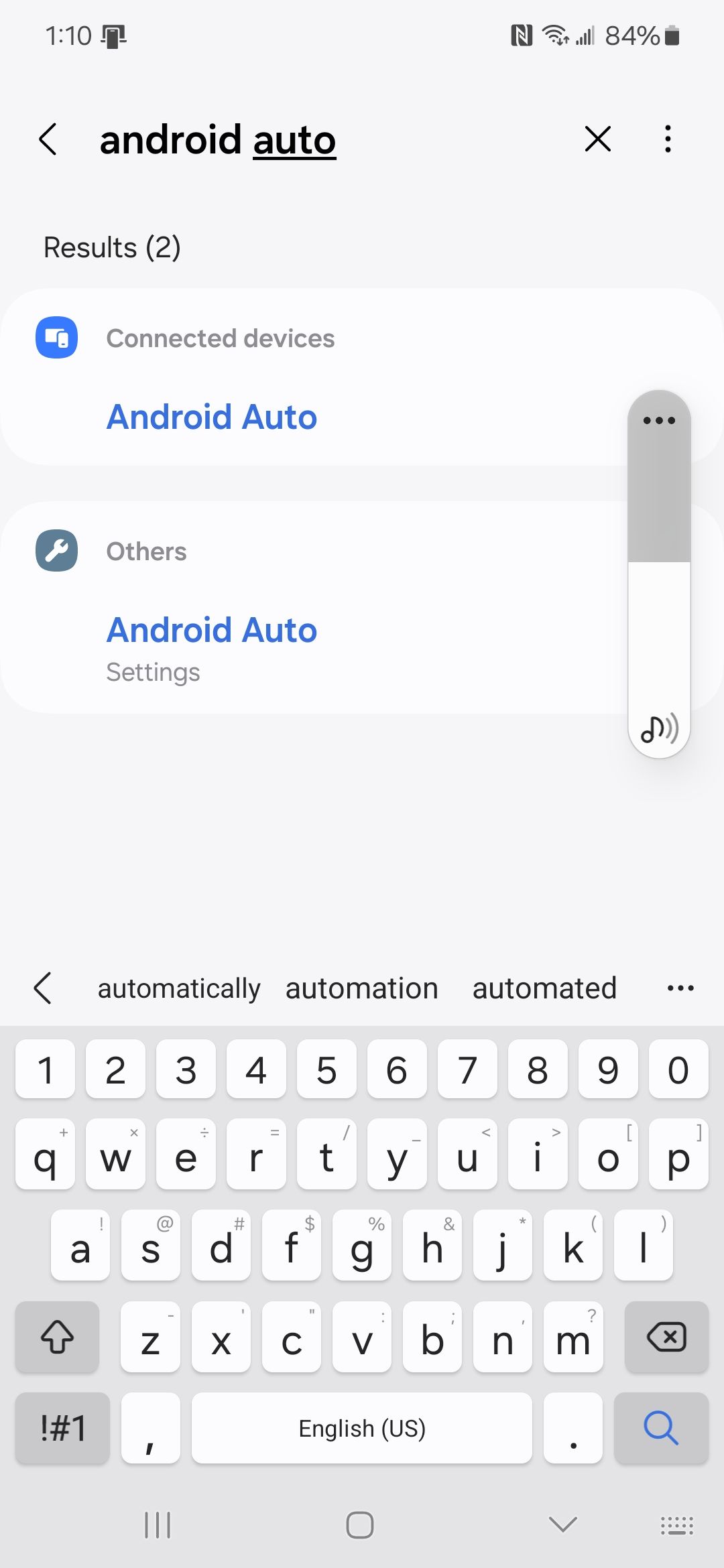 Uma captura de tela do aplicativo Configurações do Android com uma pesquisa por Android Auto