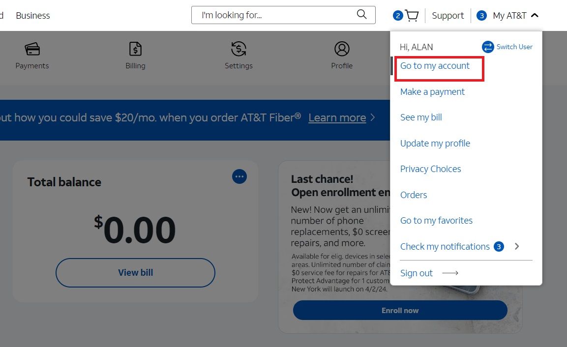 Captura de tela mostrando a opção Ir para minha conta no site da AT&T