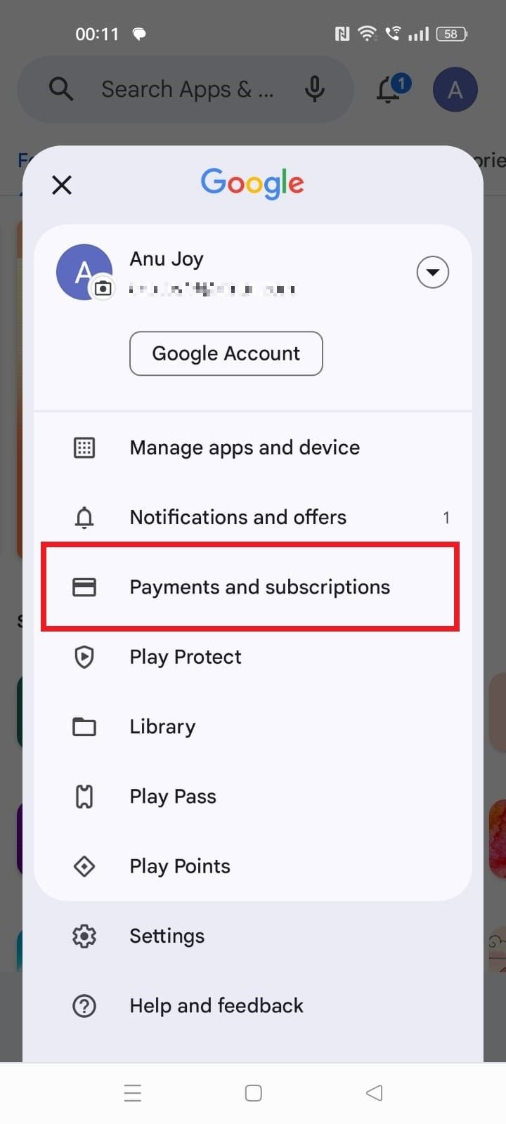 Captura de tela destacando 'Pagamentos e assinaturas' na seção Perfil na Google Play Store