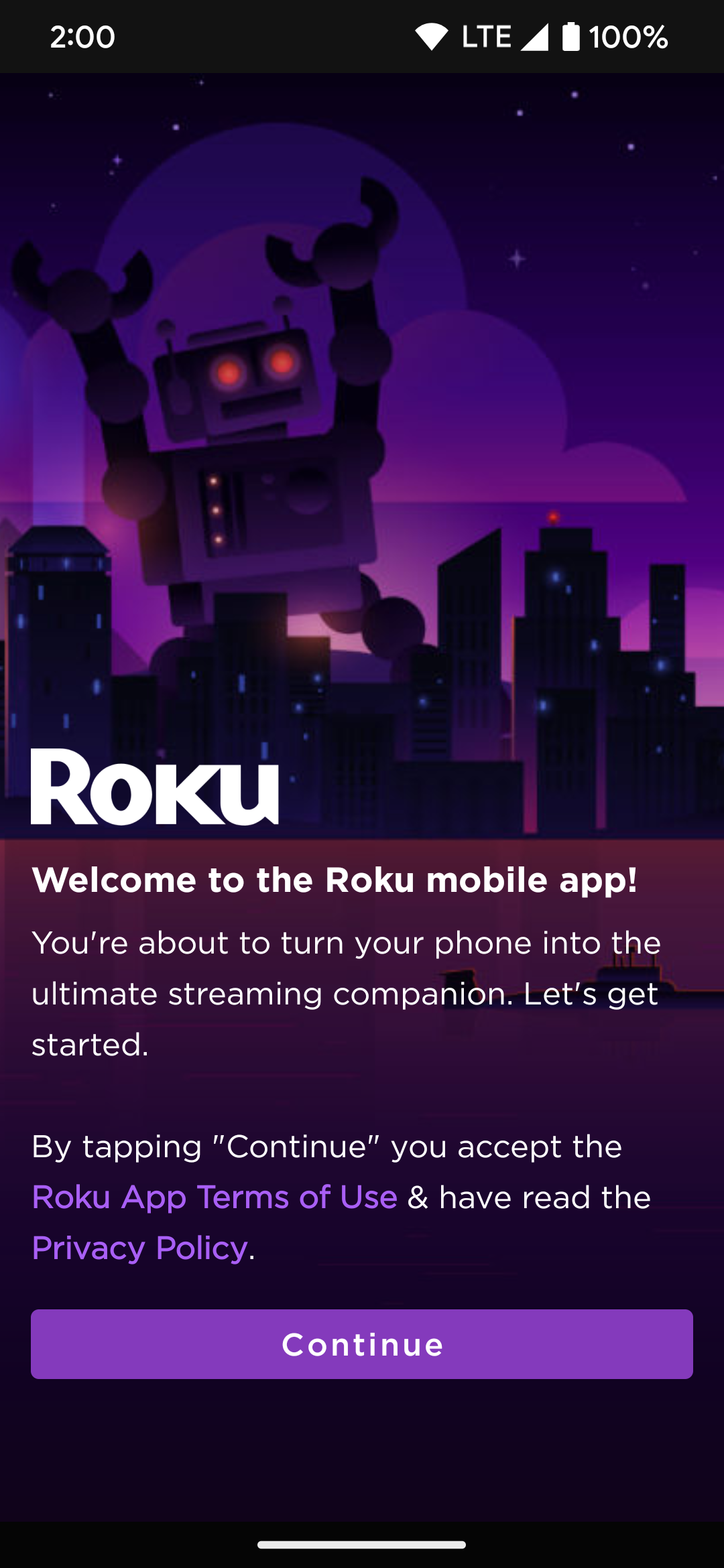 A página de boas-vindas de configuração do aplicativo Roku que você vê quando abre o aplicativo pela primeira vez.