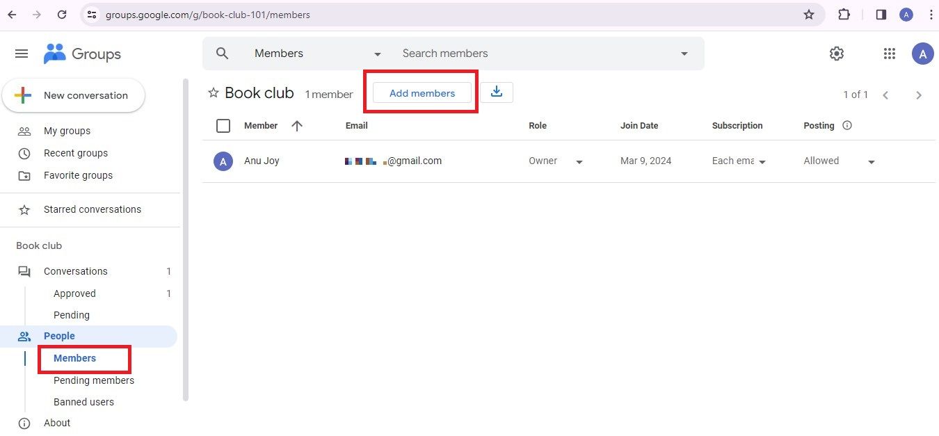 Captura de tela destacando 'Adicionar membros' nos Grupos do Google