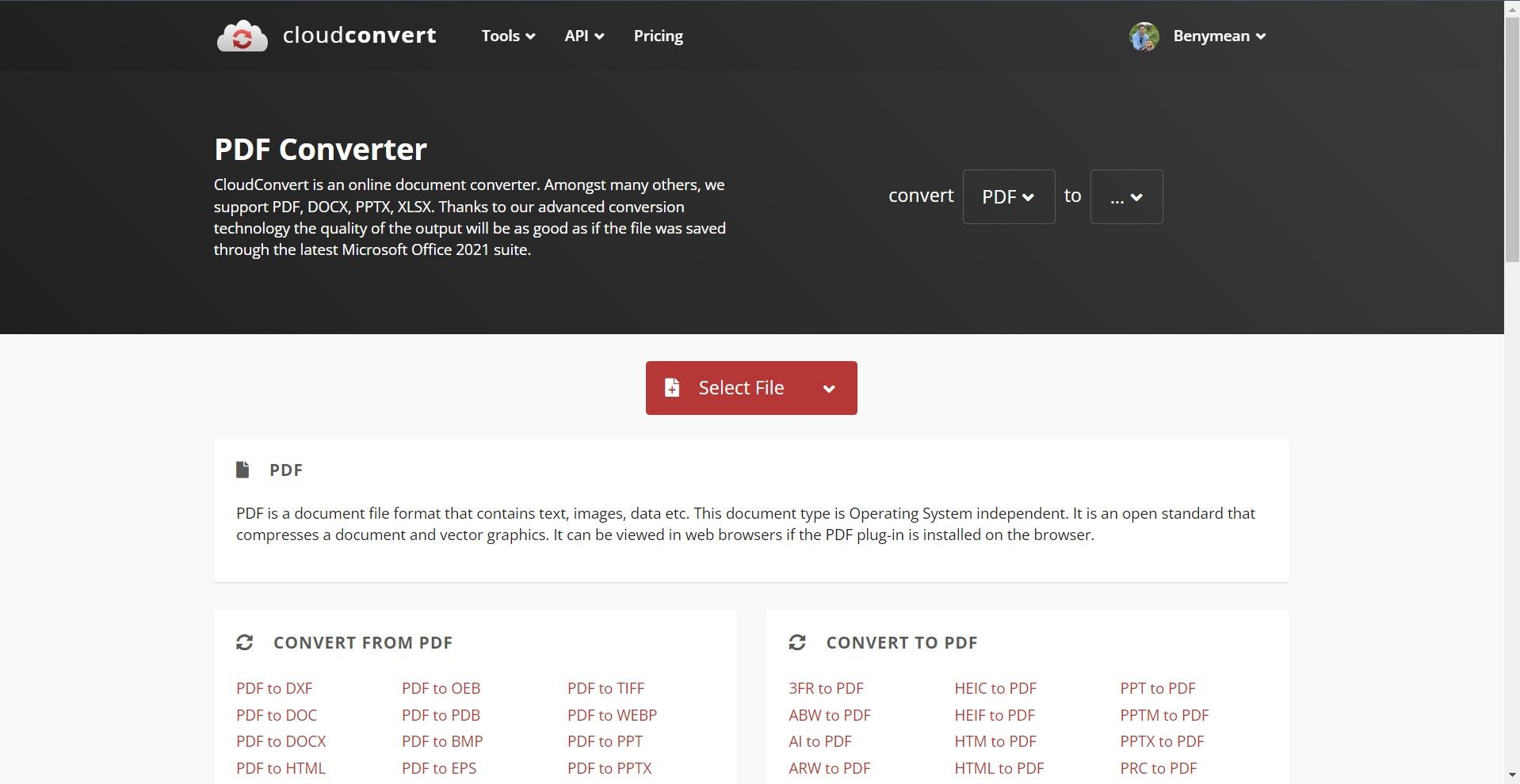 Página inicial do CloudConvert, com foco na seção de conversão de PDF.  Há um destaque "Selecione o arquivo" botão e listas de formatos de arquivo disponíveis para conversão de e para PDF.