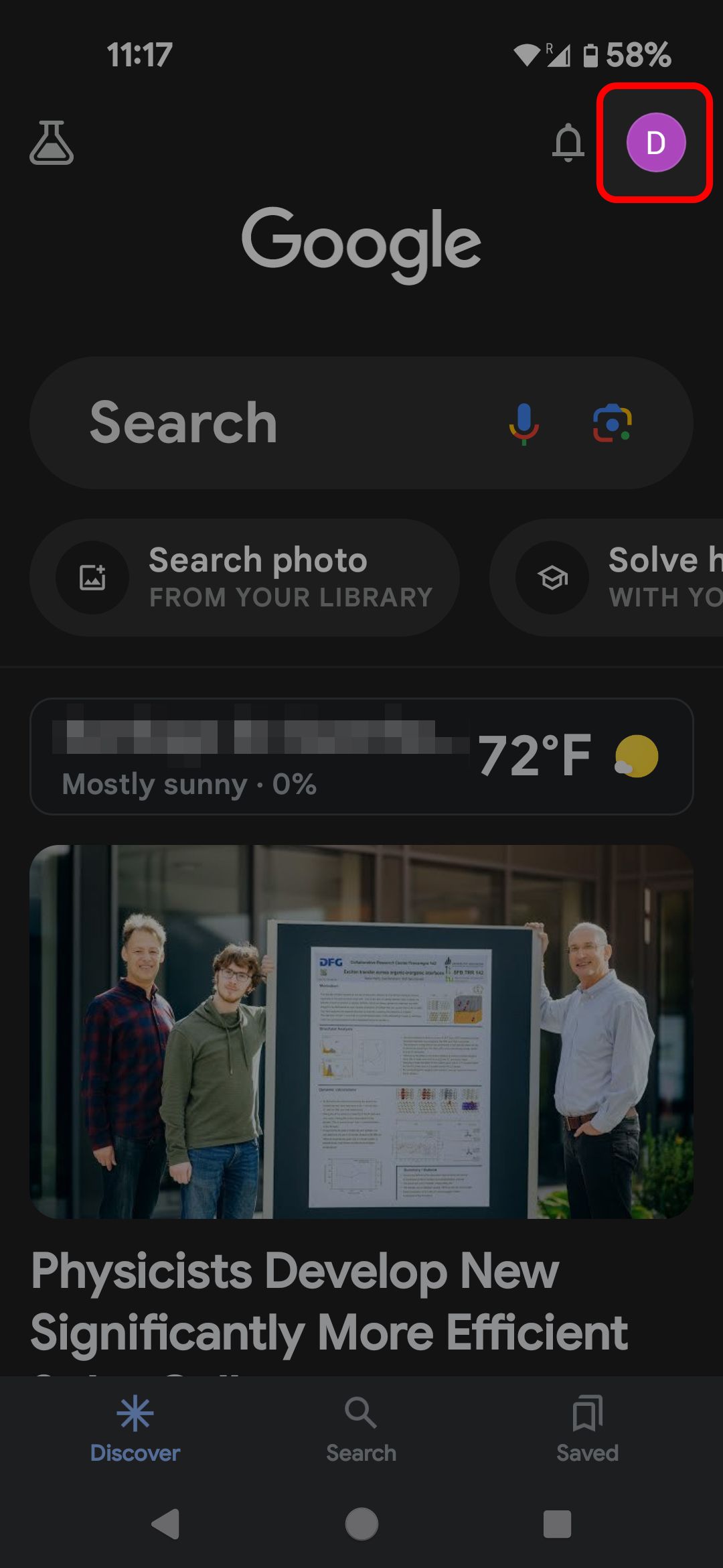 Tela inicial do Google app destacando o ícone do perfil
