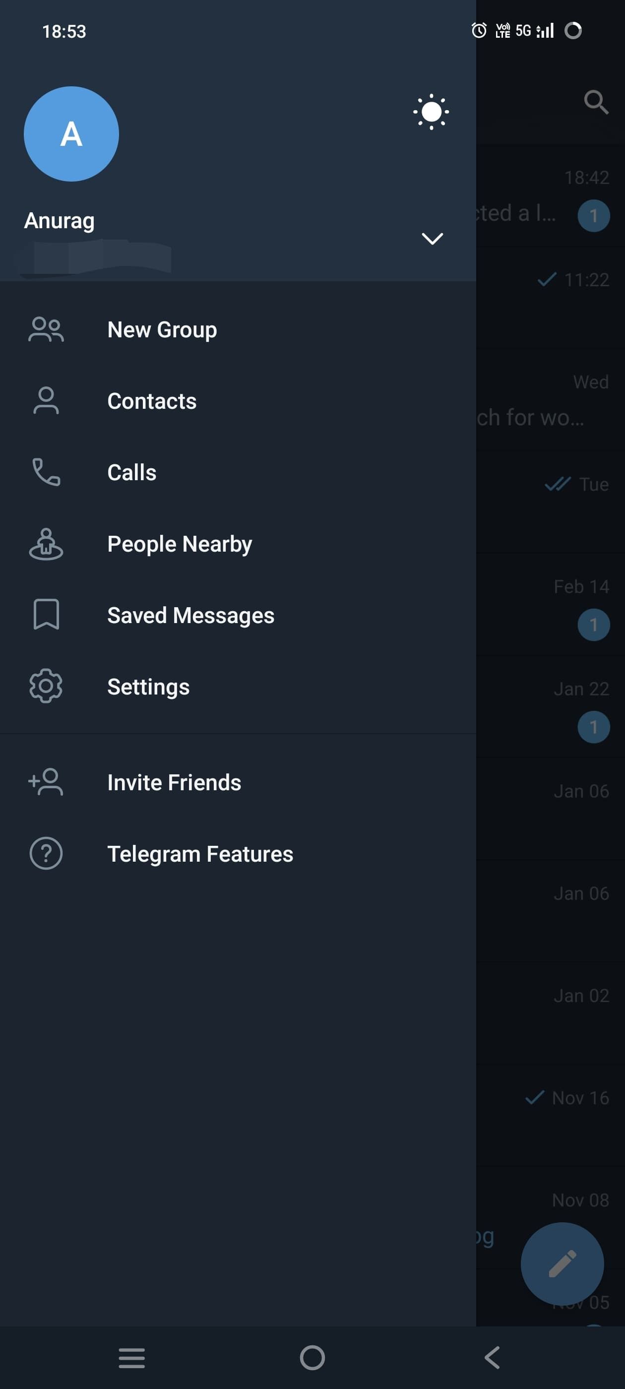 Captura de tela mostrando a página inicial do aplicativo Telegram para Android