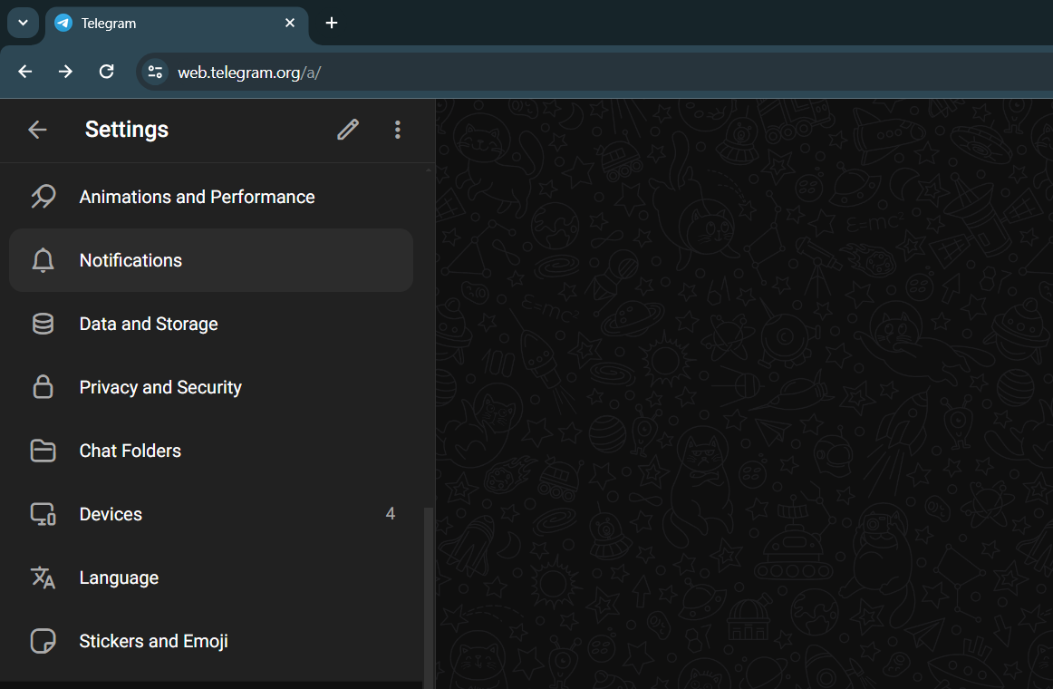 Captura de tela mostrando o menu de configurações da web do Telegram
