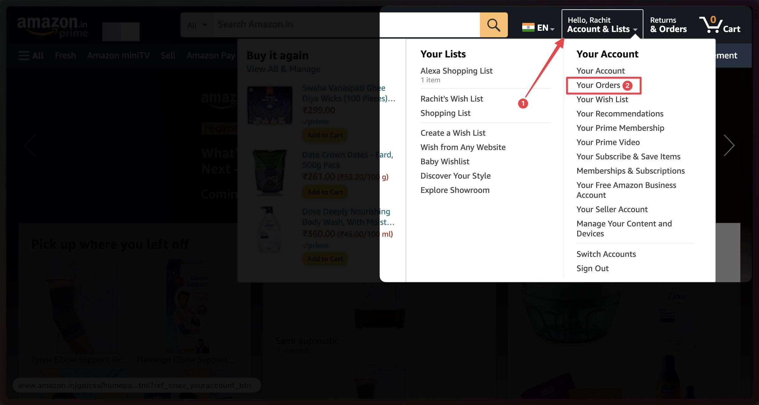 Captura de tela destacando seus pedidos no site da Amazon