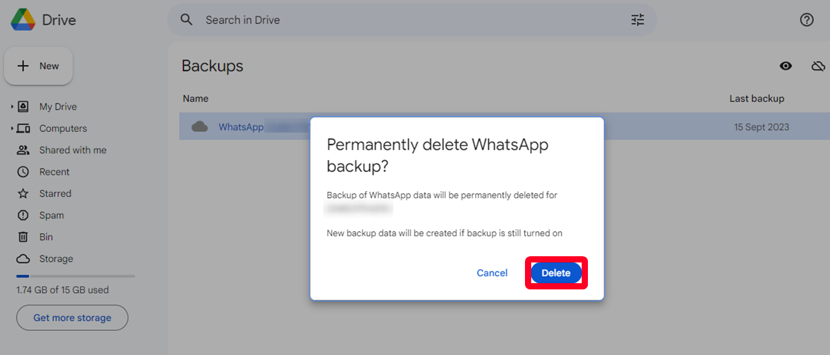 Excluindo um backup do WhatsApp da versão web do Google Drive