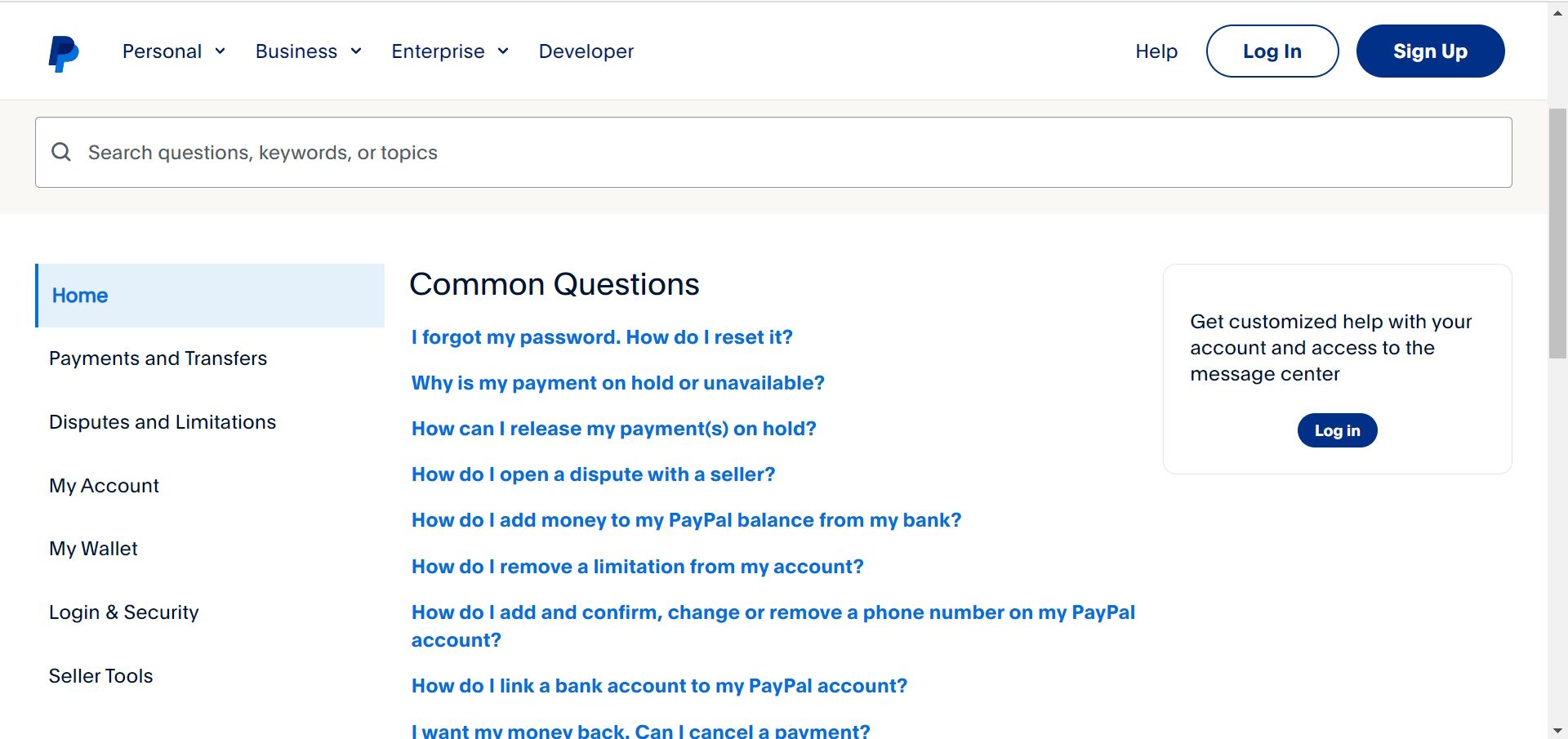 Página inicial da Central de Ajuda do PayPal no Google Chrome