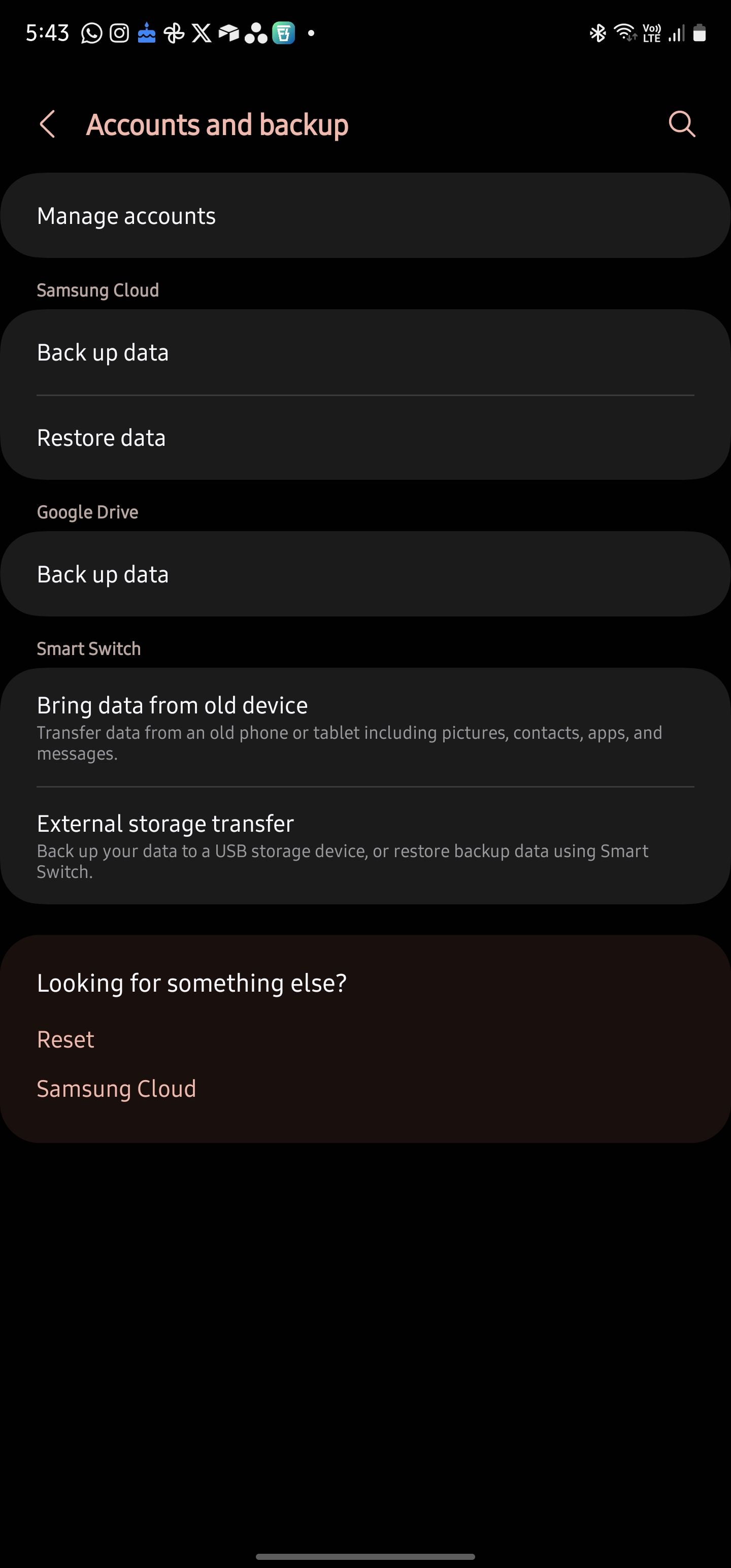 Menu Contas Samsung e Backup