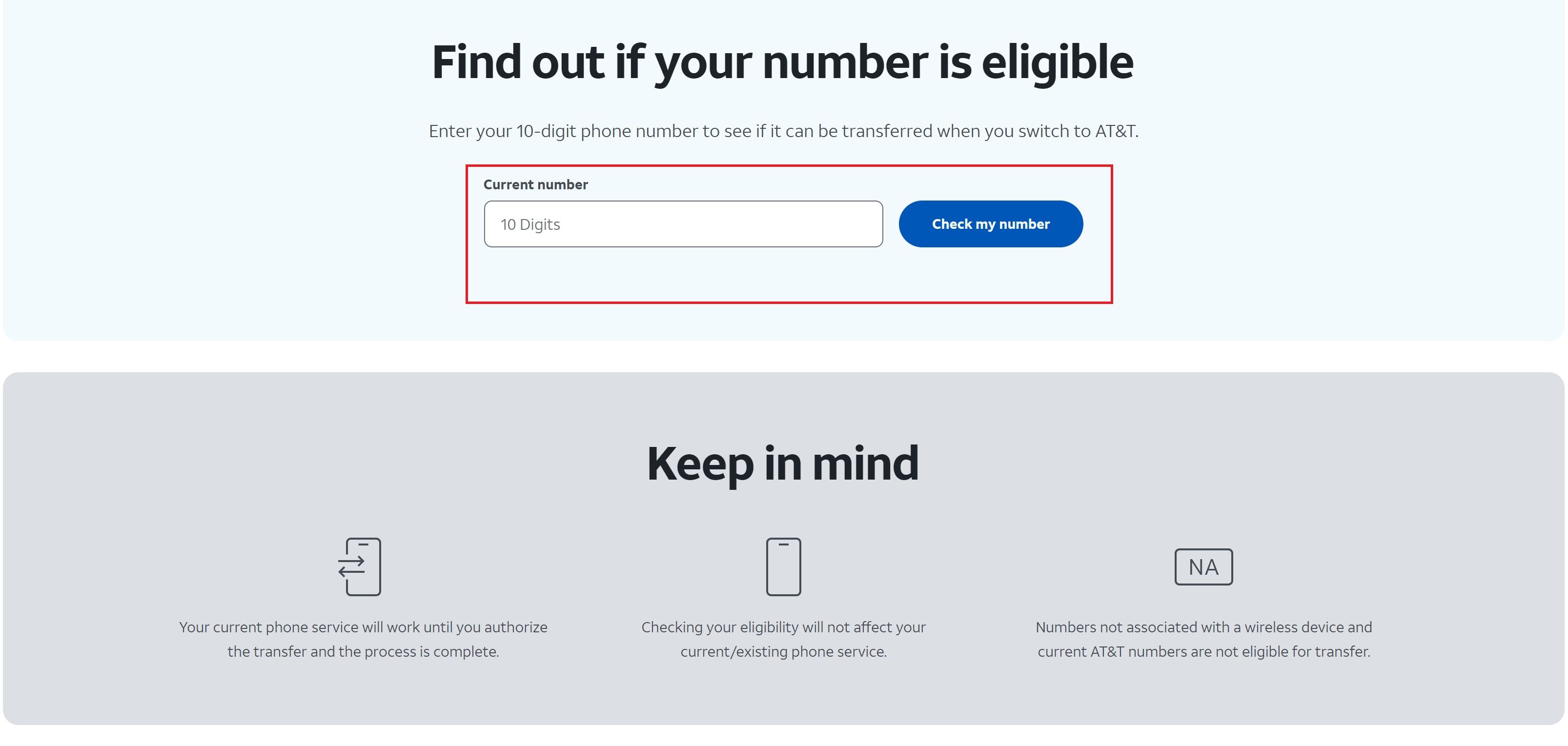 Uma captura de tela da página de elegibilidade de transferência da AT&T para números existentes em seu site