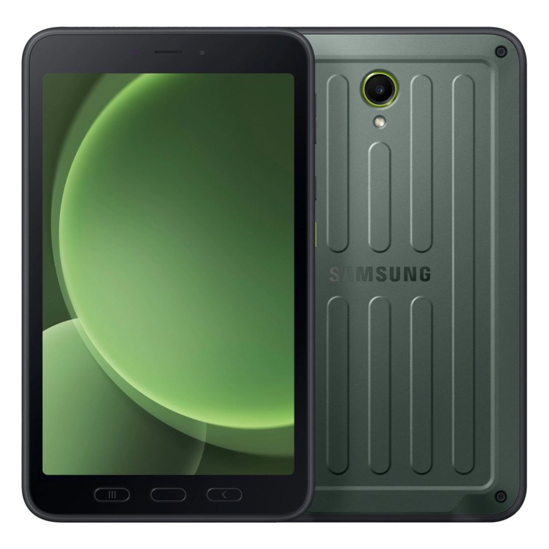 Exibindo a frente e a traseira do tablet Samsung Galaxy Tab Active 5 com papel de parede verde