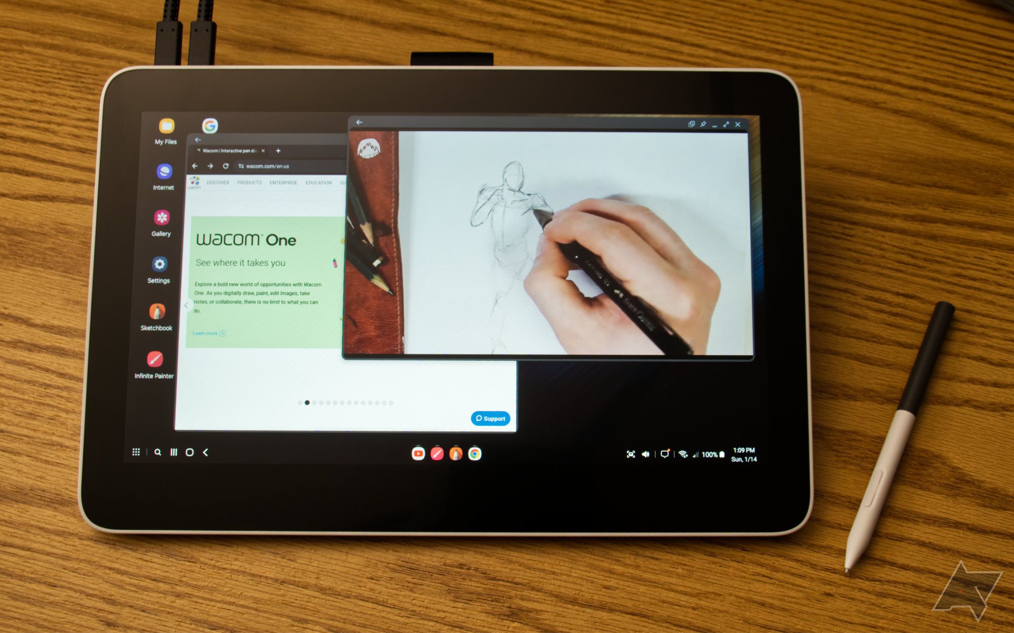 Wacom One 13 Touch com desktop DeX mostrando um navegador e um vídeo do YouTube de uma pessoa desenhando uma figura humana