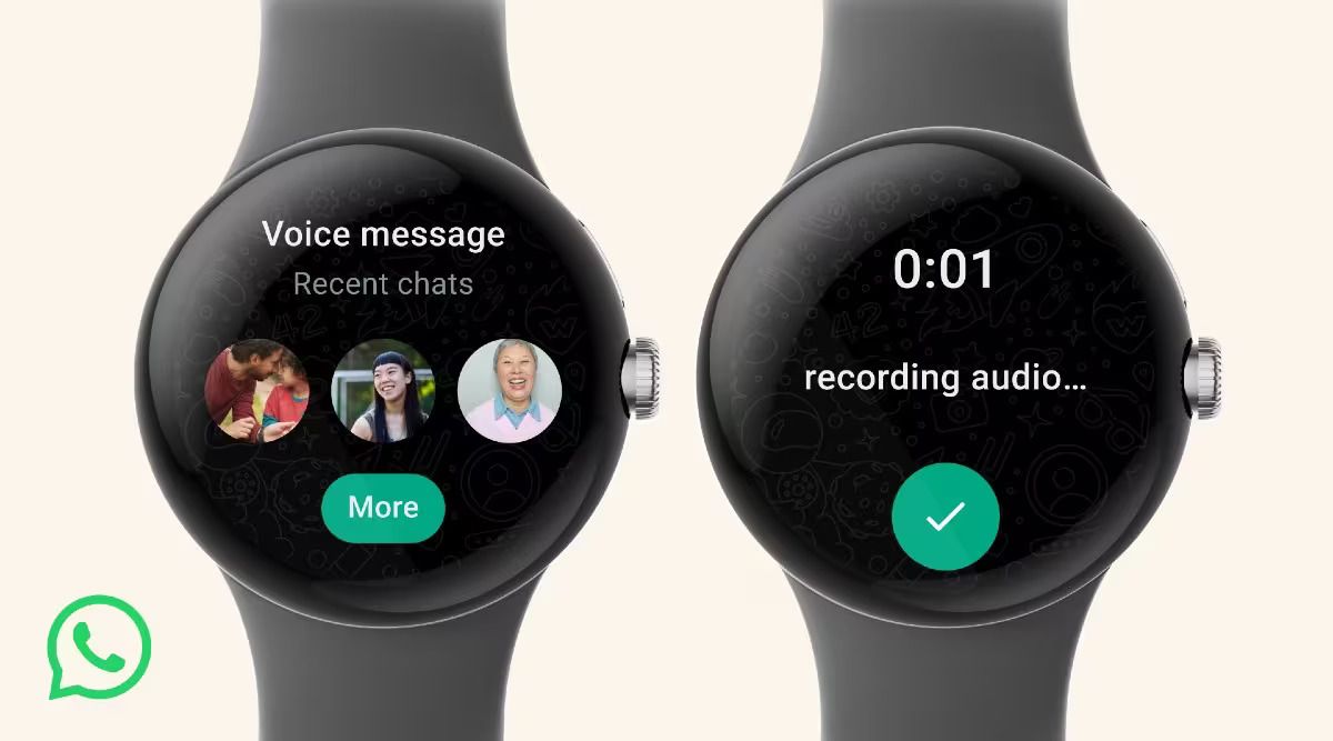 O WhatsApp Wear OS em dois relógios mostrando mensagens de voz e gravação de áudio.