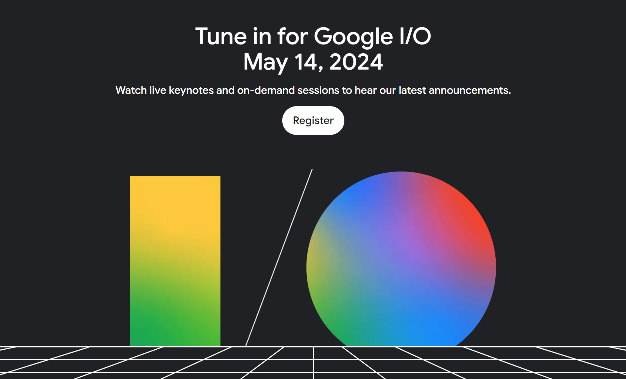Um convite para o Google I/O 2024 com um grande logotipo do I/O e a data 14 de maio de 2024.