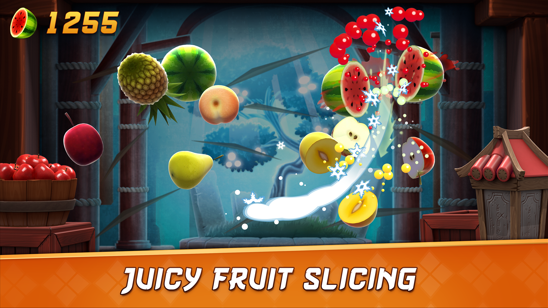 Uma captura de tela do jogo para celular Fruit Ninja com leitura de texto 
