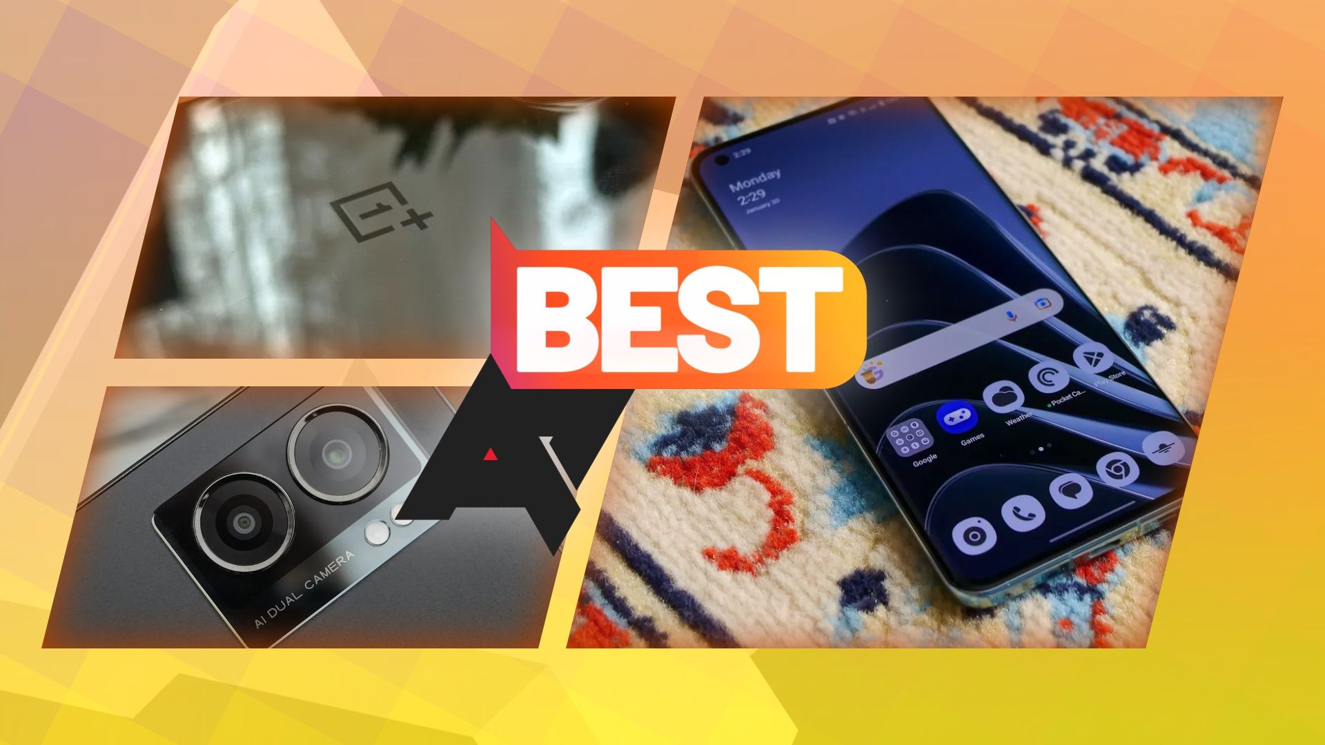 Três fotos de telefones OnePlus de diferentes ângulos com o logotipo ‘AP Best’ na parte superior