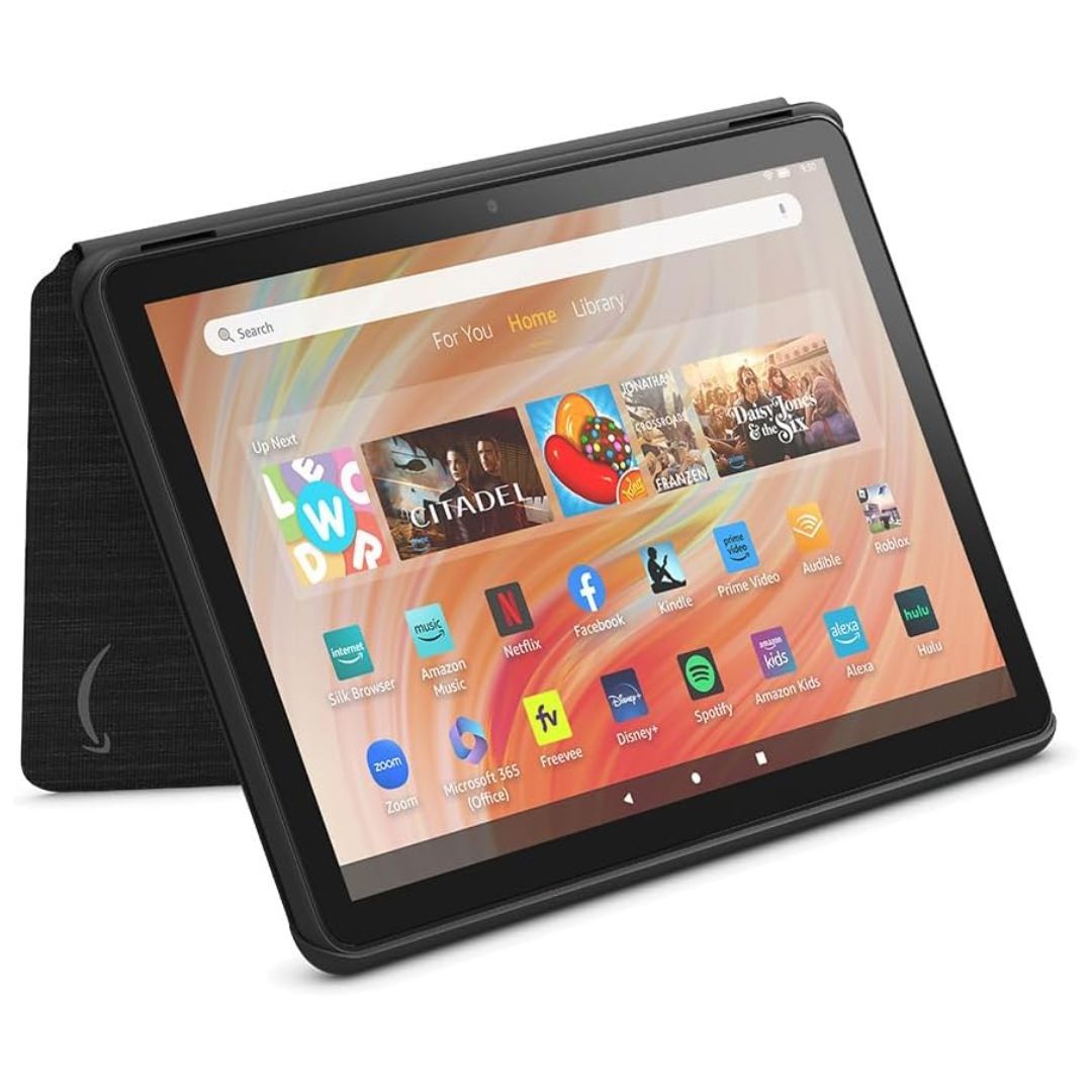 Um tablet no modo tenda usando um case com a tela exibindo a tela inicial