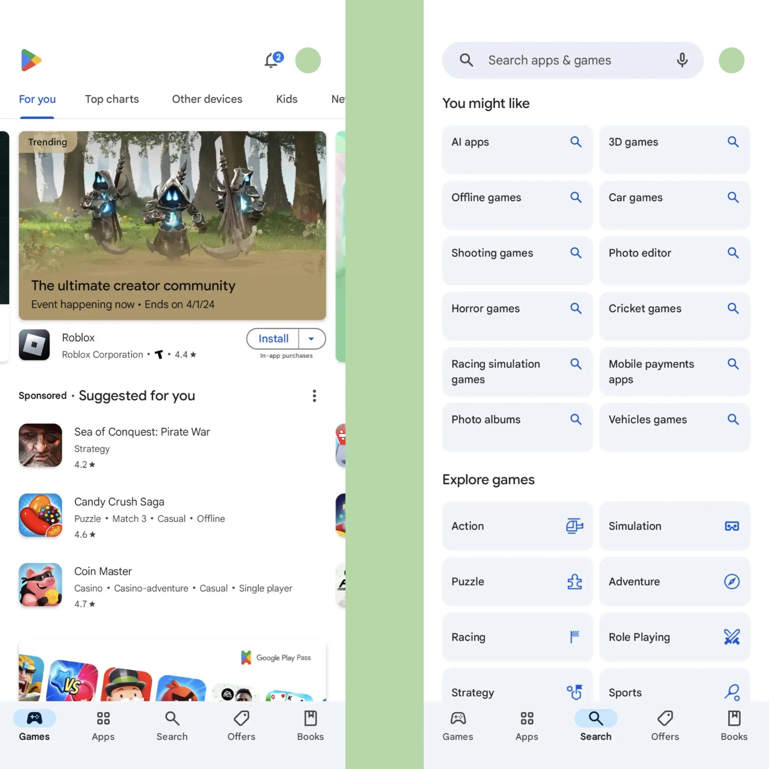 Capturas de tela da Google Play Store com uma guia de pesquisa