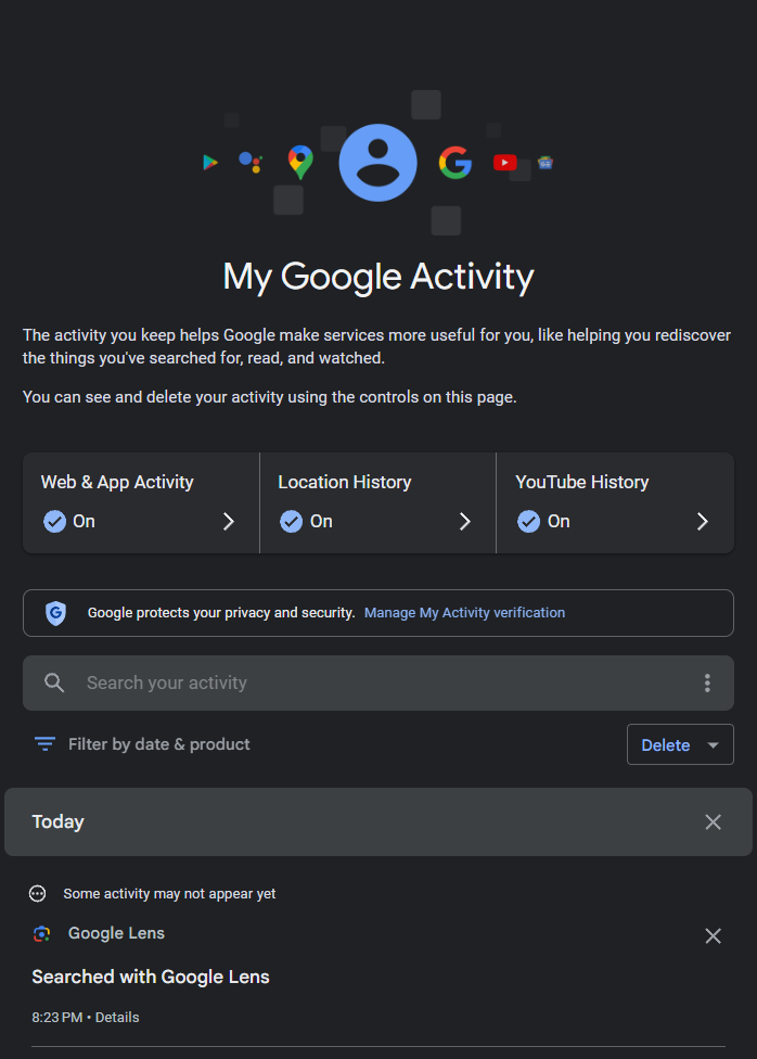 Uma captura de tela do painel de atividades do Google mostrando atividades recentes usando o Google Lens