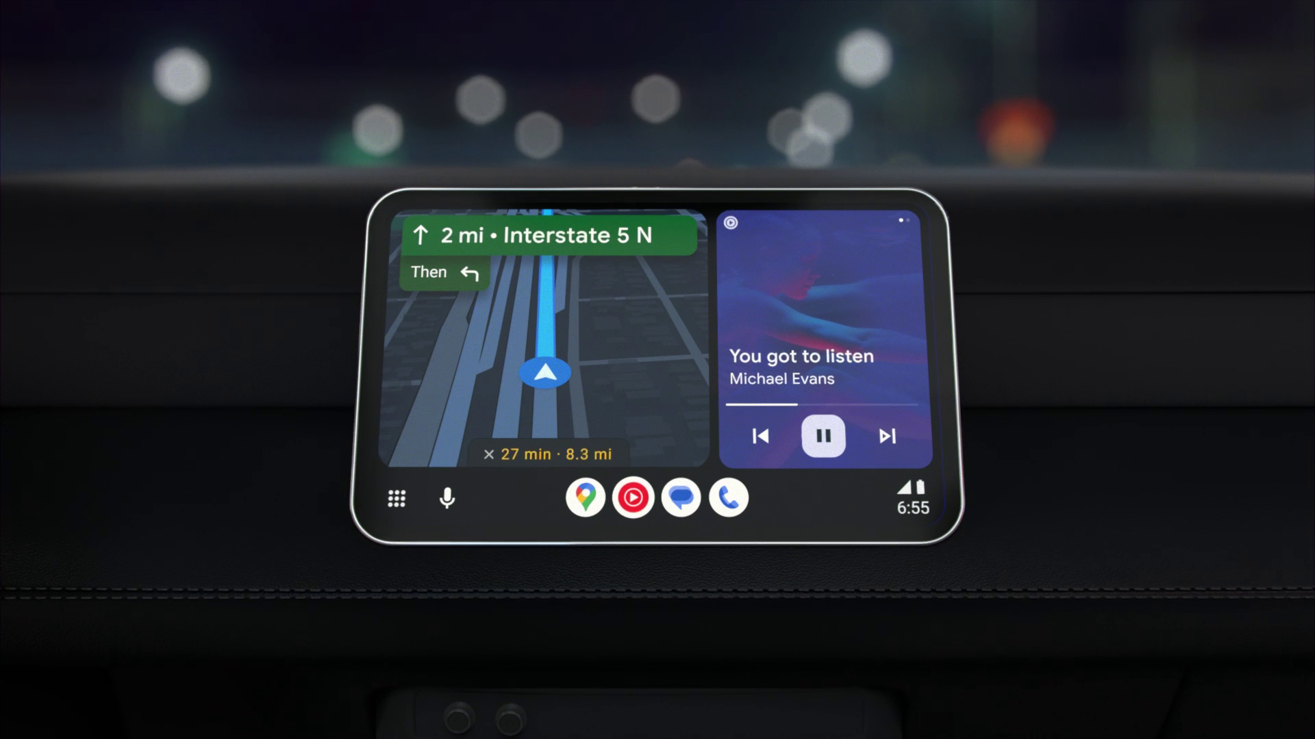 A reformulação mais recente do Android Auto, com mapas à esquerda e música à direita.