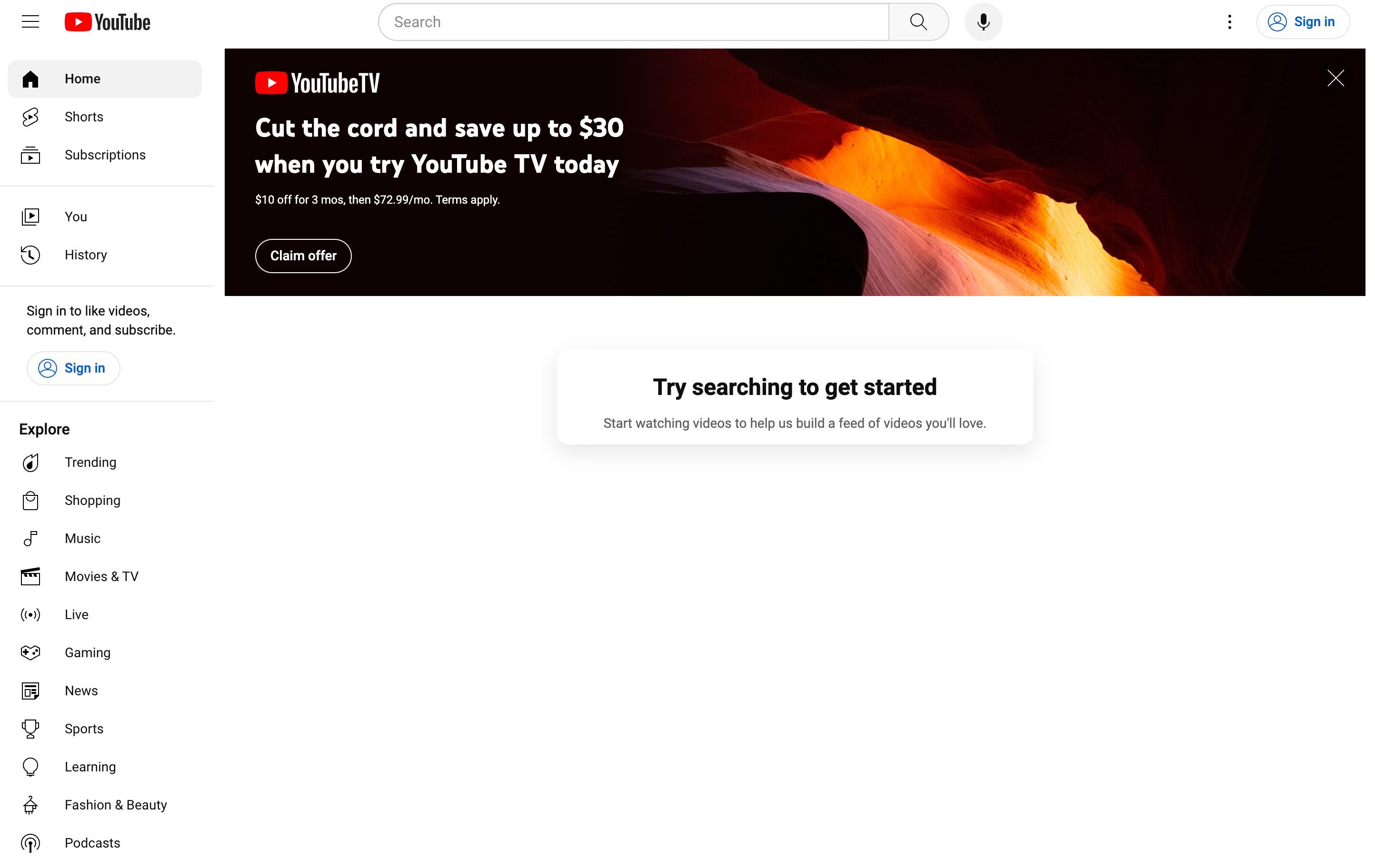 Página inicial vazia do YouTube para usuários desconectados sem histórico de exibição
