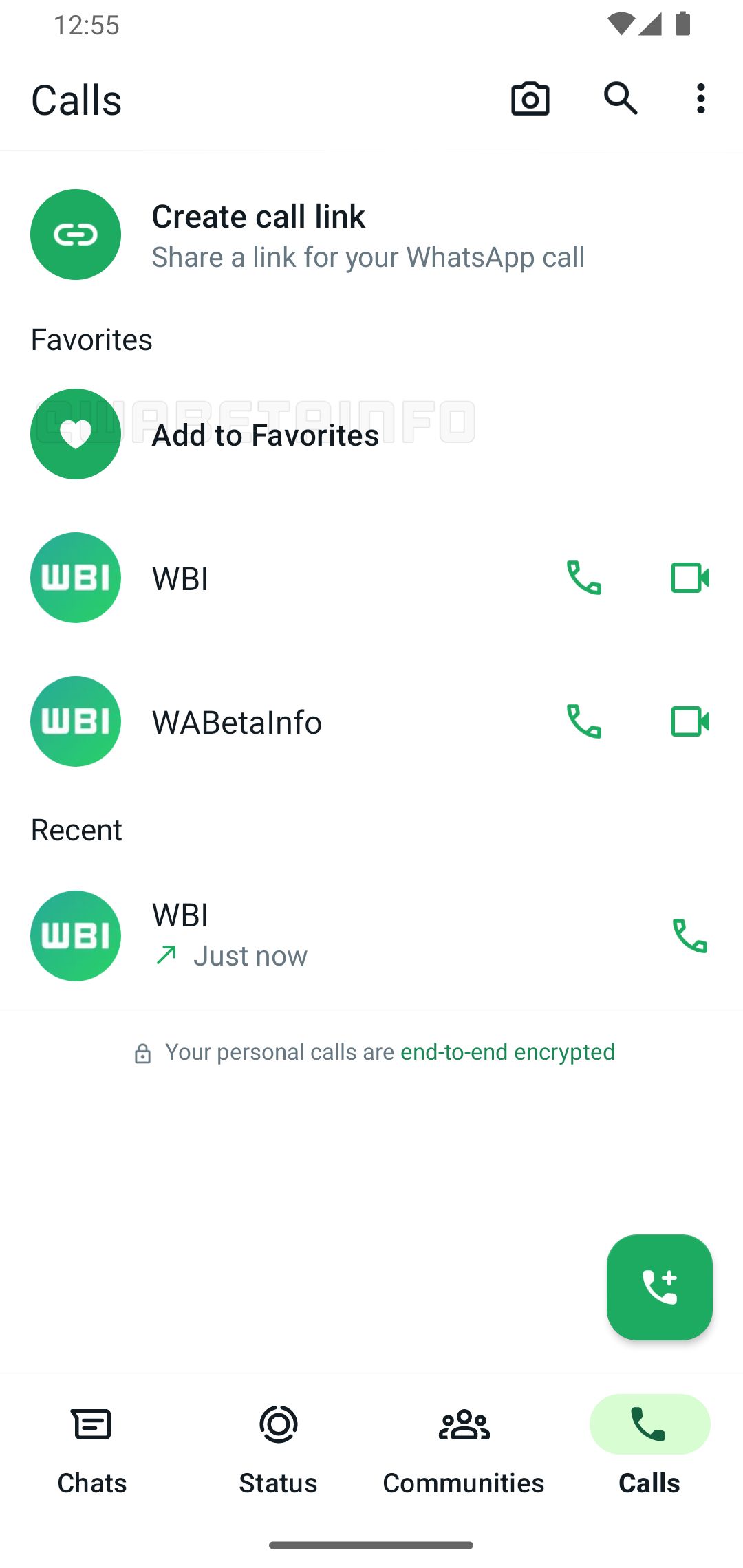 Uma captura de tela mostrando o recurso de fixação de chamadas do WhatsApp 