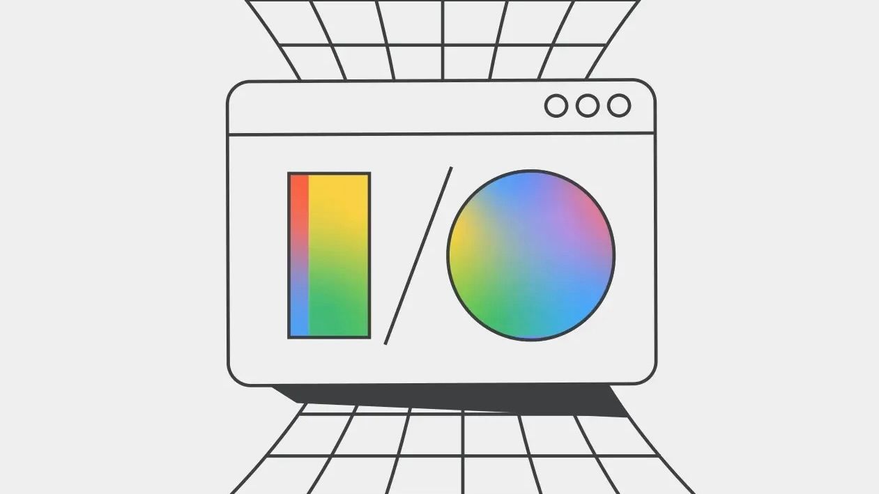 Uma ilustração em preto e branco em estilo de arte plana de uma tela pop-up com E/S em um gradiente de arco-íris.