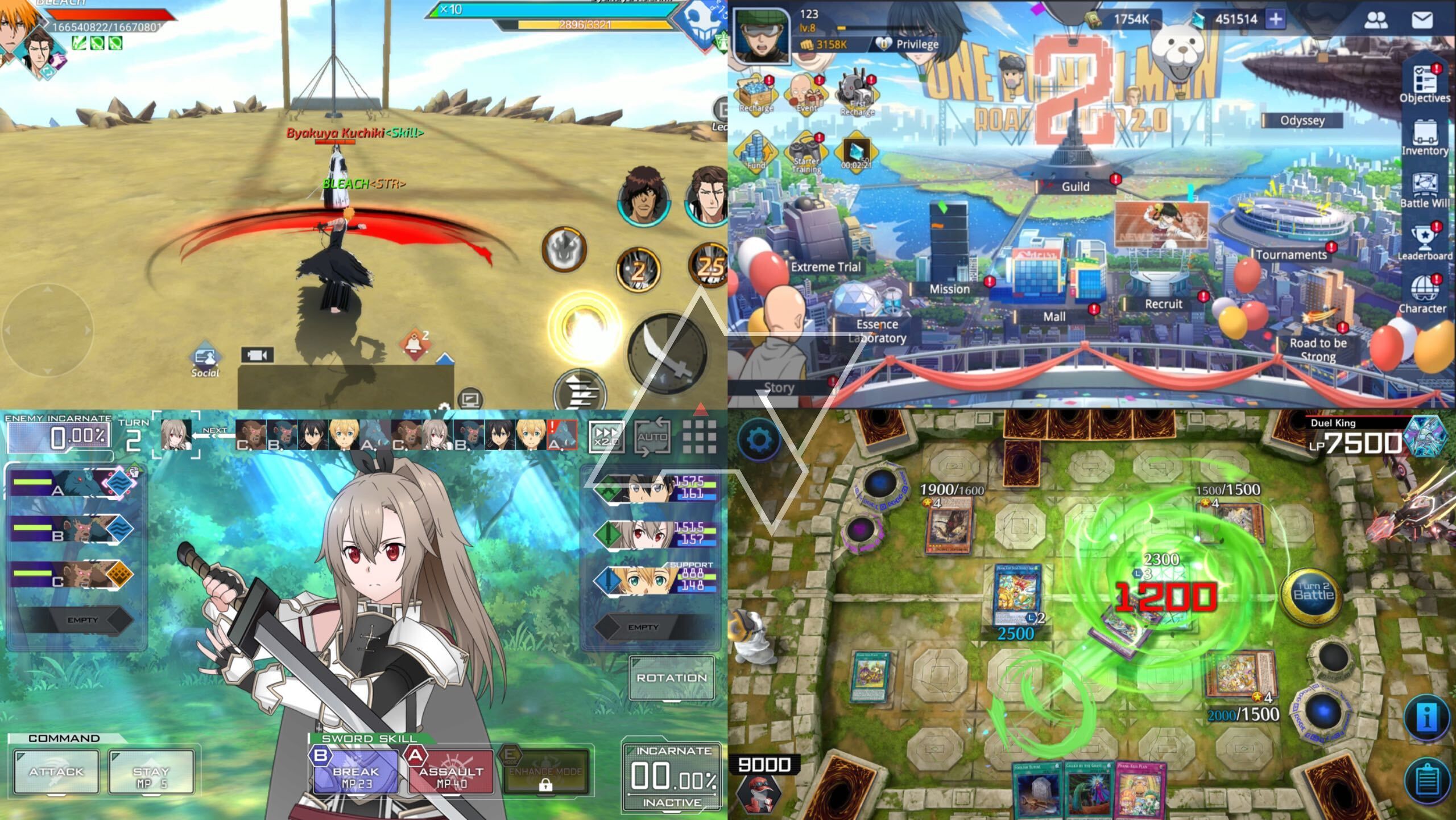 melhores-jogos-de-anime-android-collage-bleach-mobile-3d-one-punch-man-road-to-hero-2-0-sword-art-online-unleash-blading-yugioh-master-duel