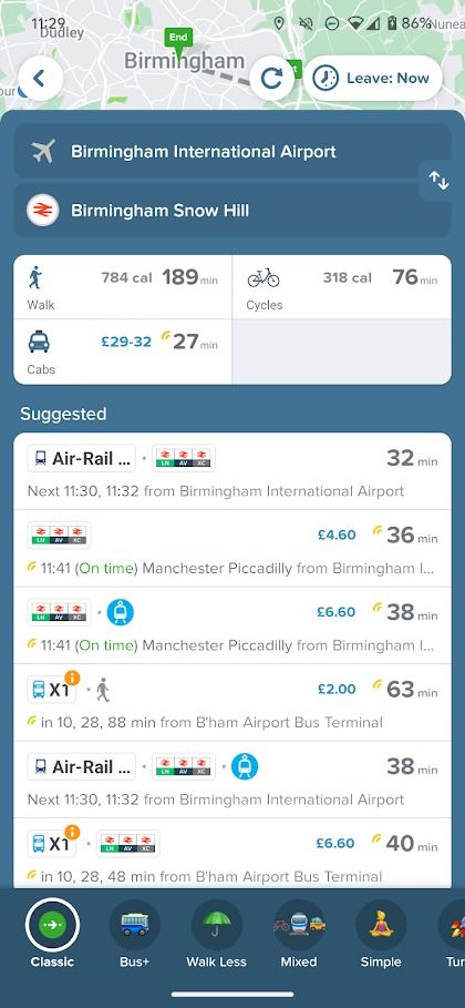 opções de transporte público citymapper no aplicativo