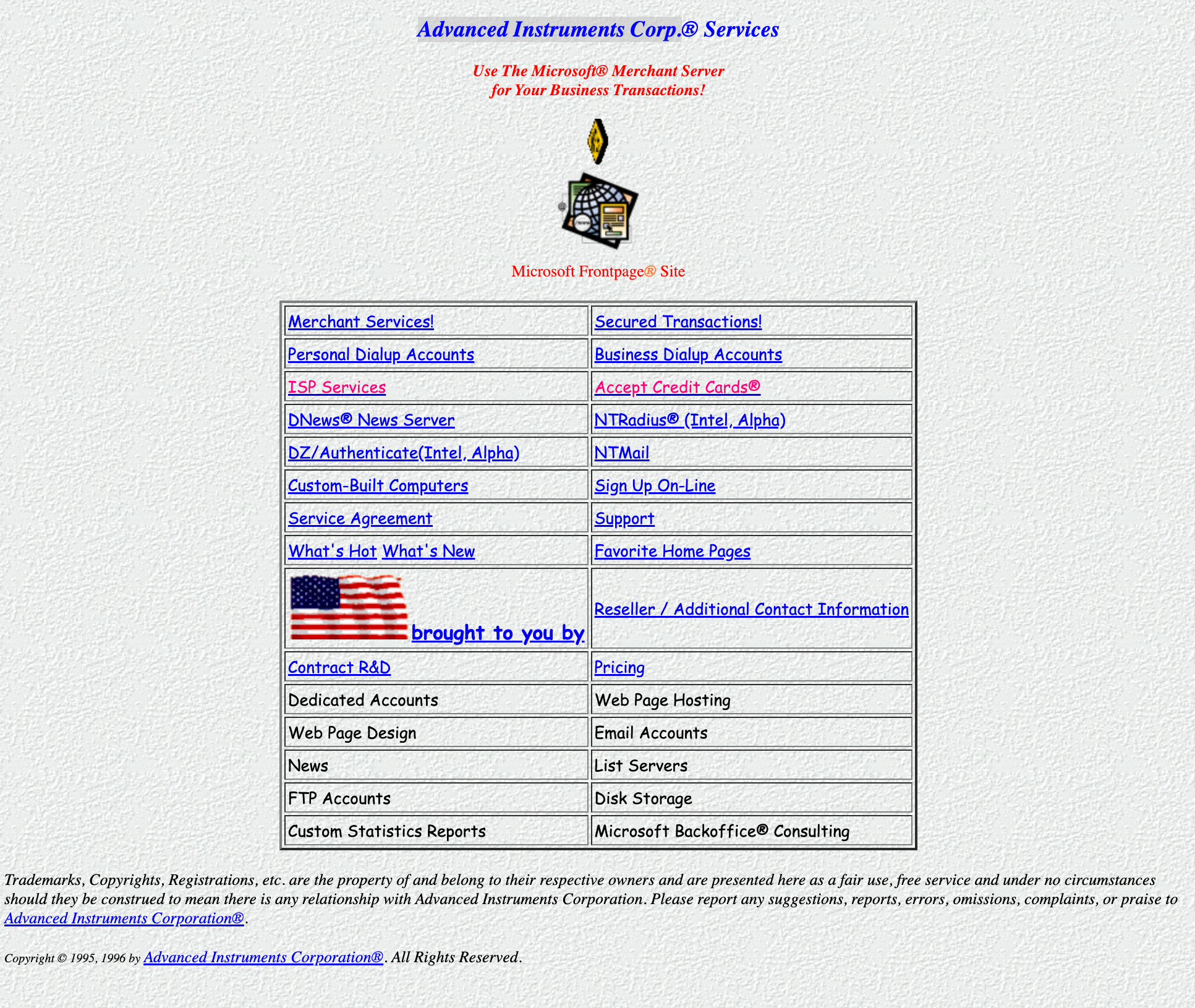 Uma captura de tela do site AI.com de 1996 mostrando fontes comic sans e um negócio que não está relacionado à inteligência artificial