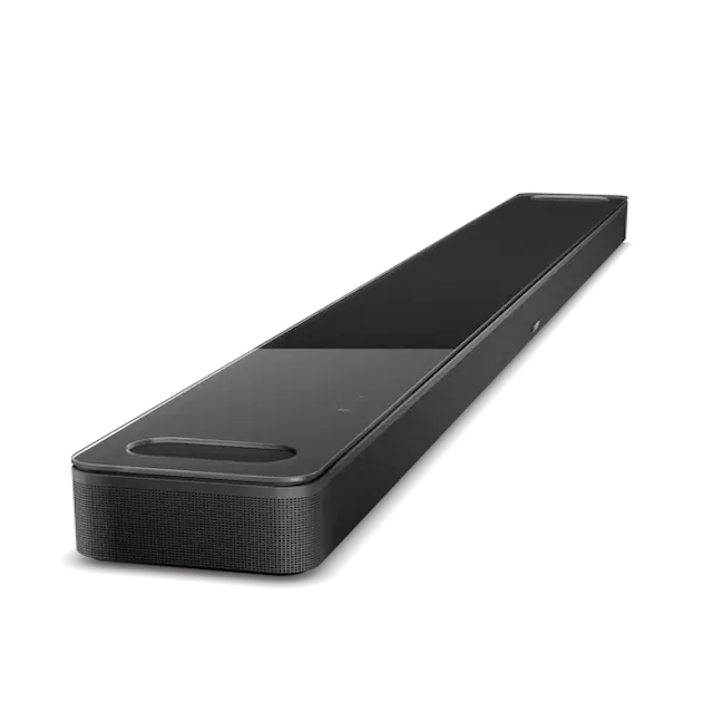 Vista lateral do Bose Smart Ultra Soundbar em preto sobre fundo branco