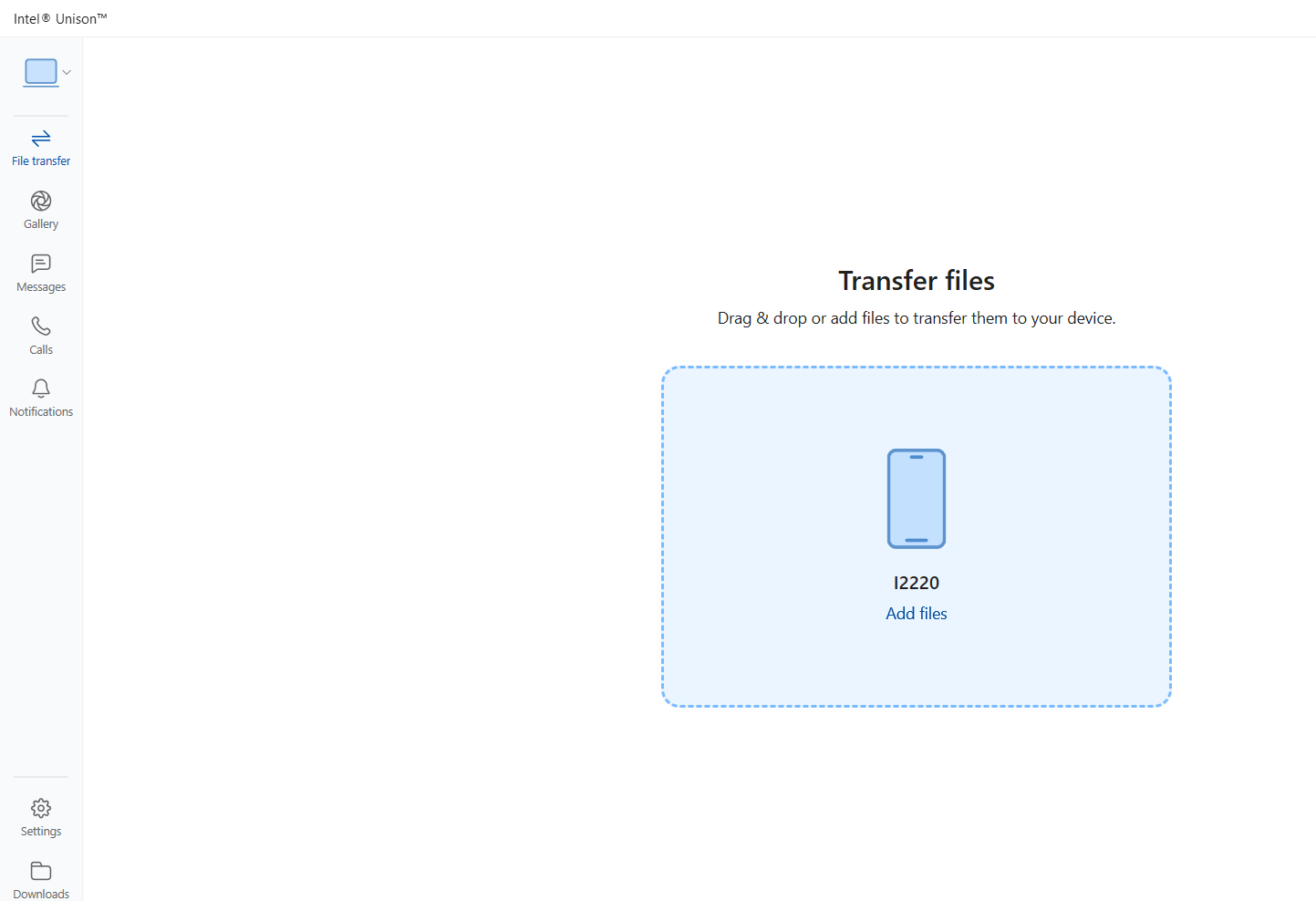 Captura de tela mostrando a opção de transferir arquivos usando Intel Unison