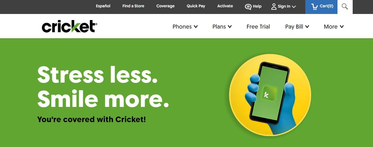 Captura de tela do site da Cricket Wireless