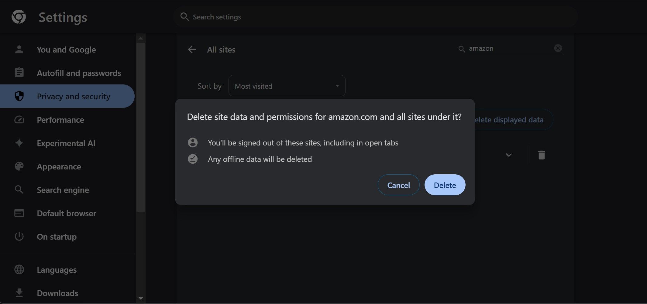 Mostrando o "Excluir dados e permissões do site" botão para a listagem amazon.com na versão desktop do Google Chrome.