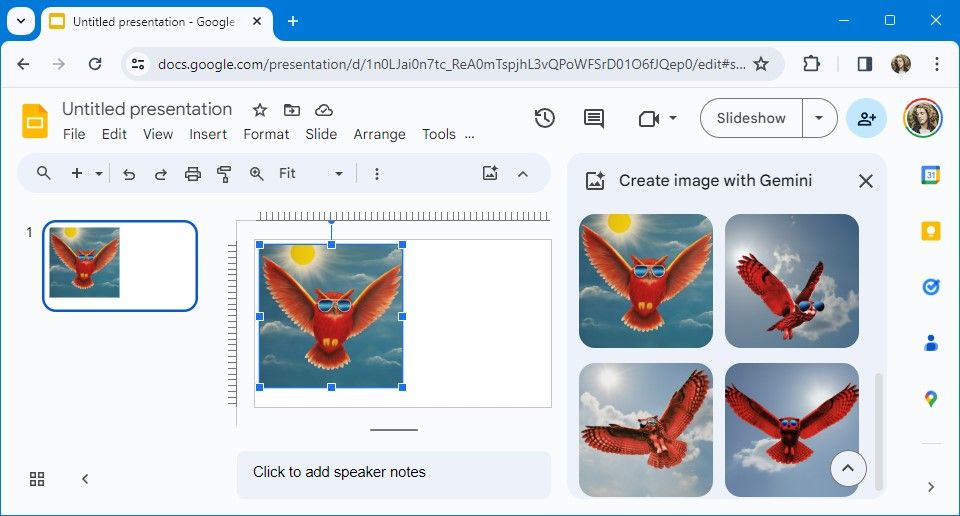 quatro imagens de corujas vermelhas geradas com gêmeos no Apresentações Google