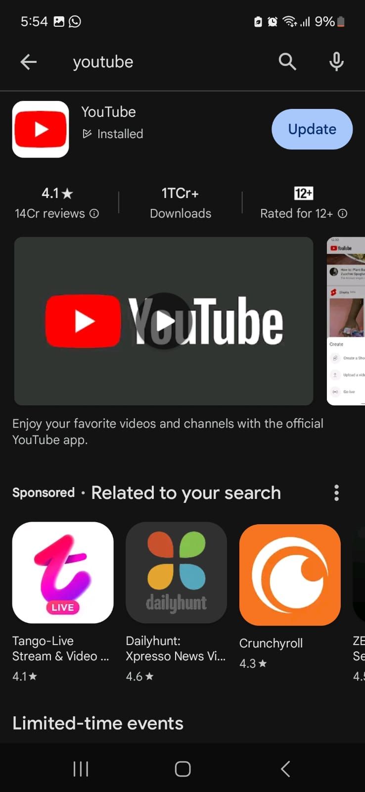 Aplicativo do YouTube nos resultados de pesquisa da Play Store