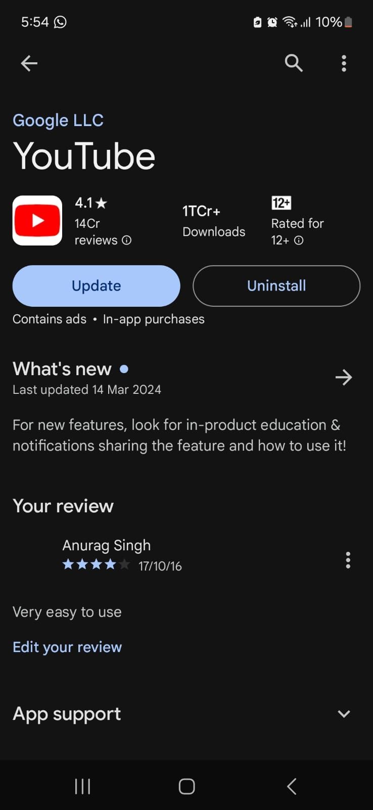 Captura de tela mostrando o aplicativo YouTube na Play Store