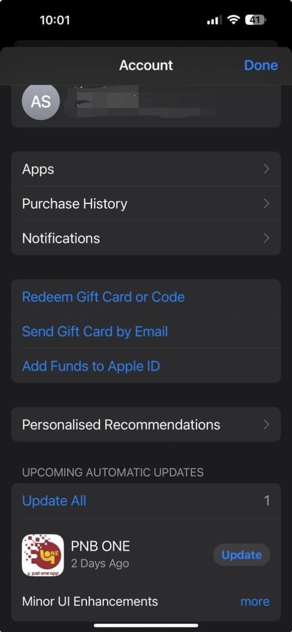Captura de tela mostrando a seção da conta da App Store