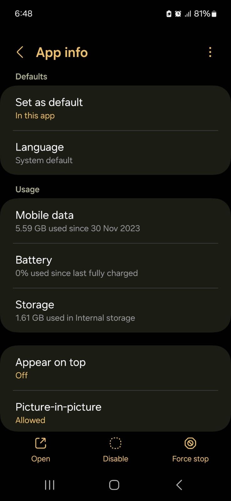Captura de tela mostrando informações do aplicativo no Android