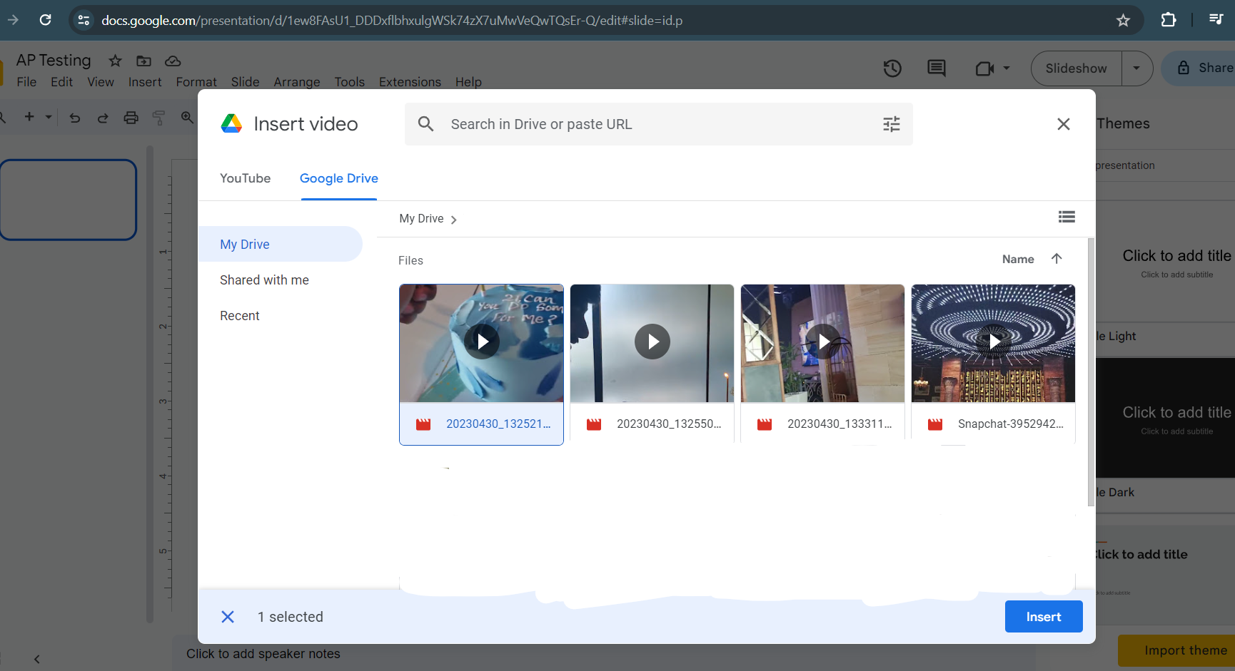 Captura de tela mostrando a opção de adicionar vídeo ao Google Slide usando o Google Drive