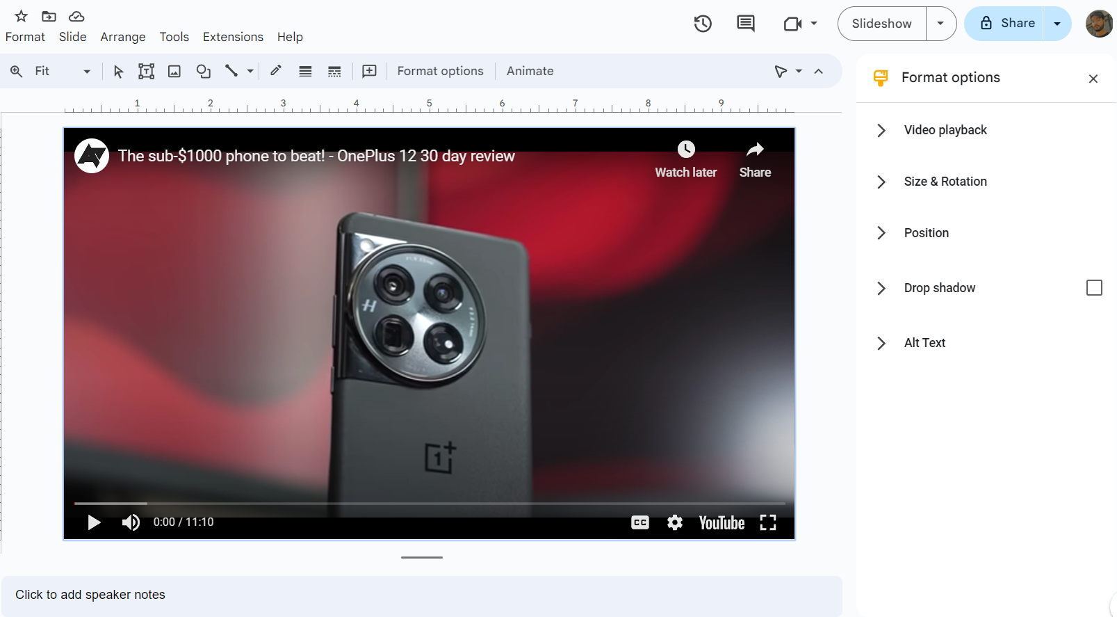Captura de tela mostrando opções de formato de vídeo do Apresentações Google