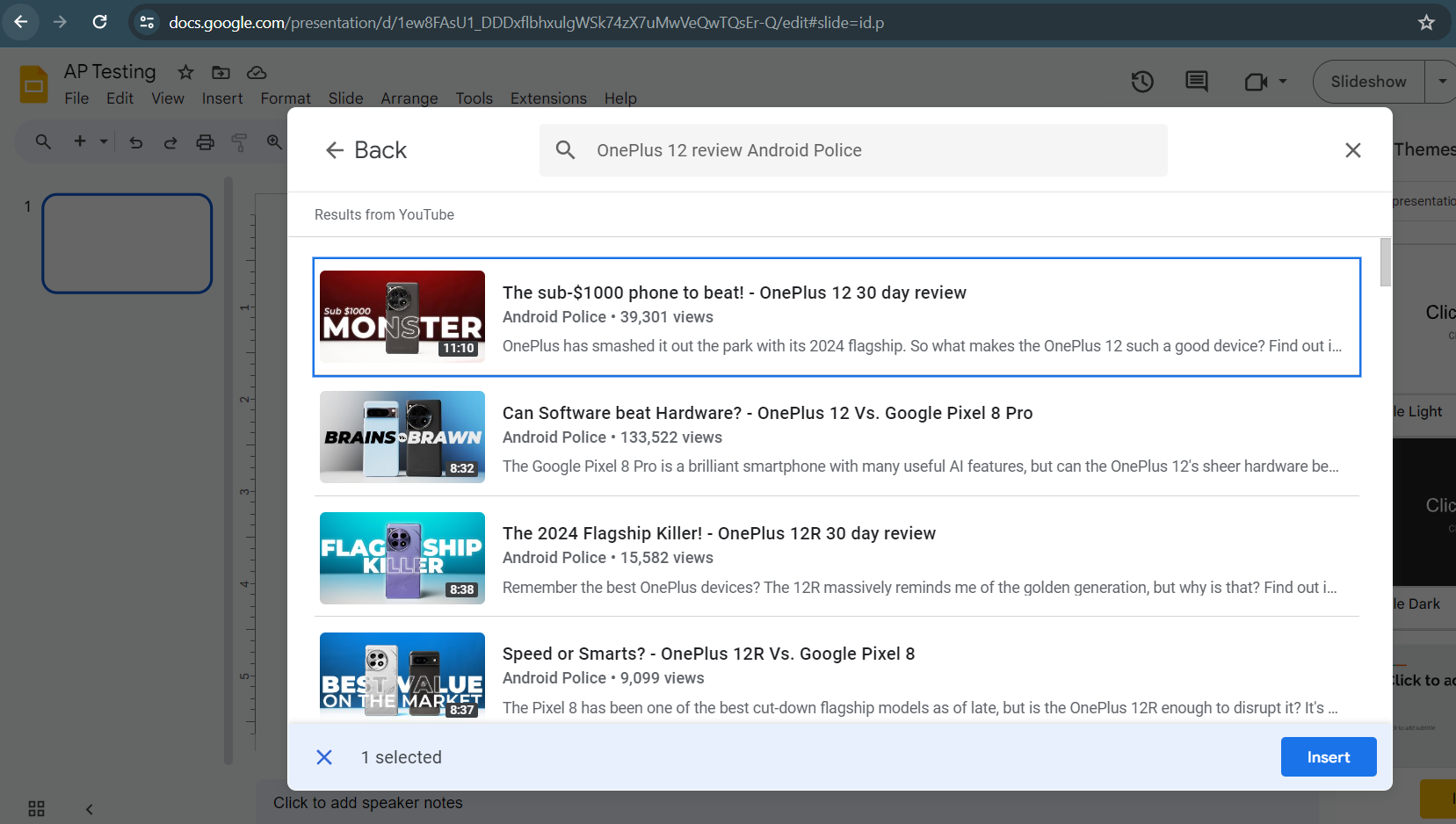 Captura de tela mostrando o menu de pesquisa do YouTube no Apresentações Google