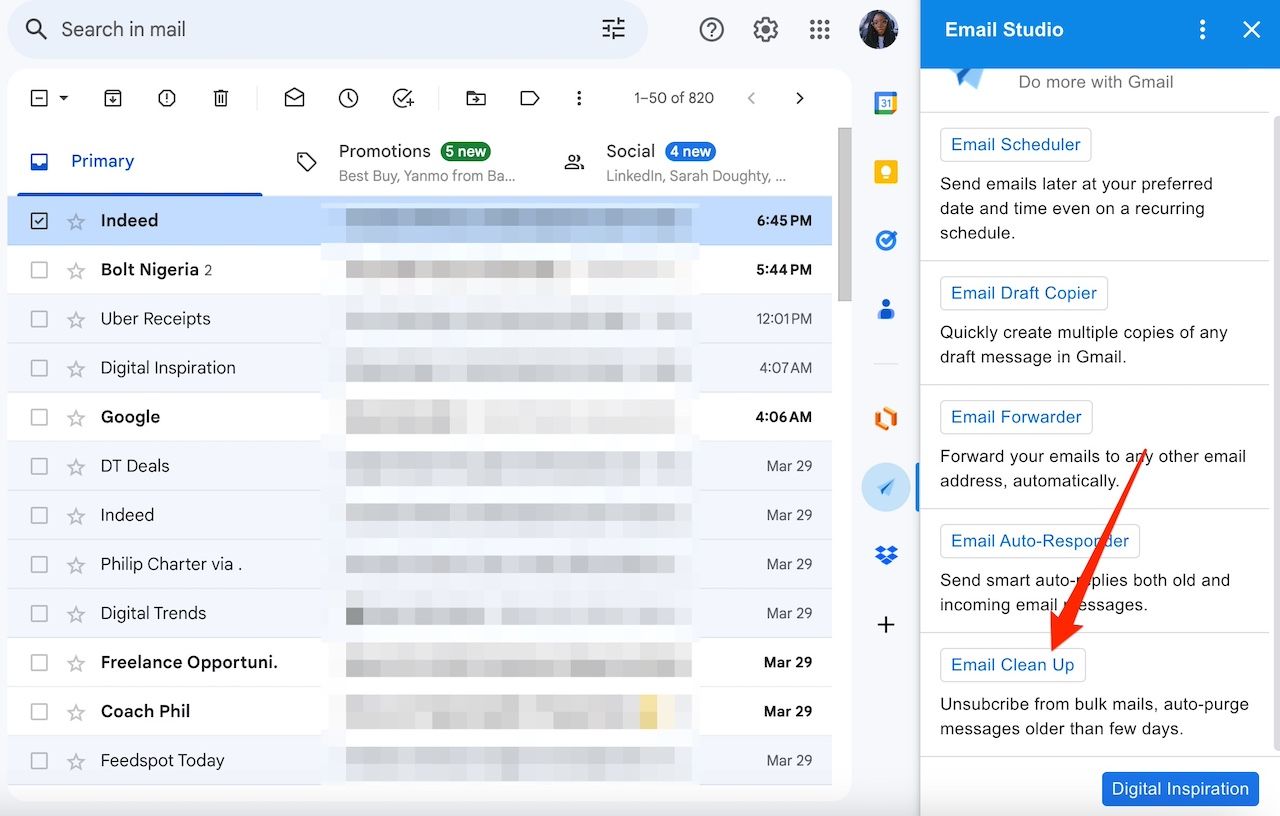 Opções de complemento do Email Studio na barra lateral do Gmail