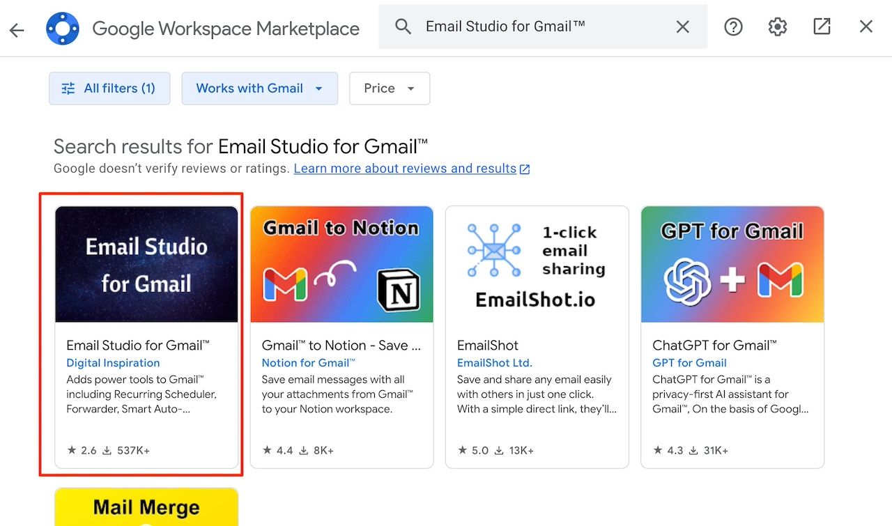 Pesquisa do complemento Email Studio no Google Workspace Marketplace