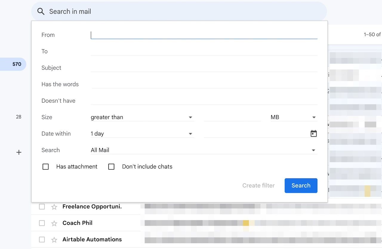 Filtro de pesquisa no aplicativo web do Gmail