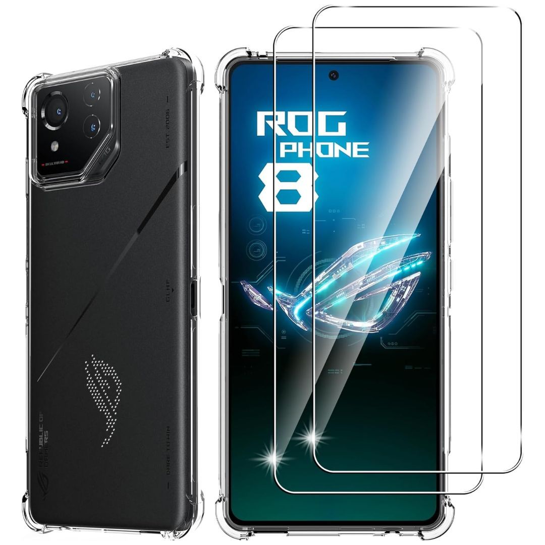 A parte traseira do ROG Phone 8 Pro é coberta por uma caixa transparente e a frente com três protetores de tela na parte superior da tela