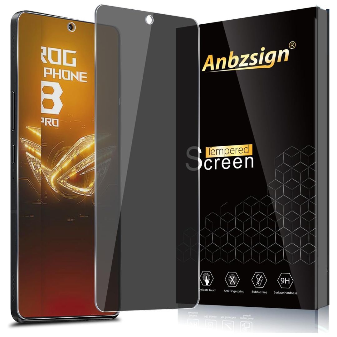 Asus ROG Phone 8 Pro à esquerda com um protetor de tela fosco no meio e uma caixa preta à direita