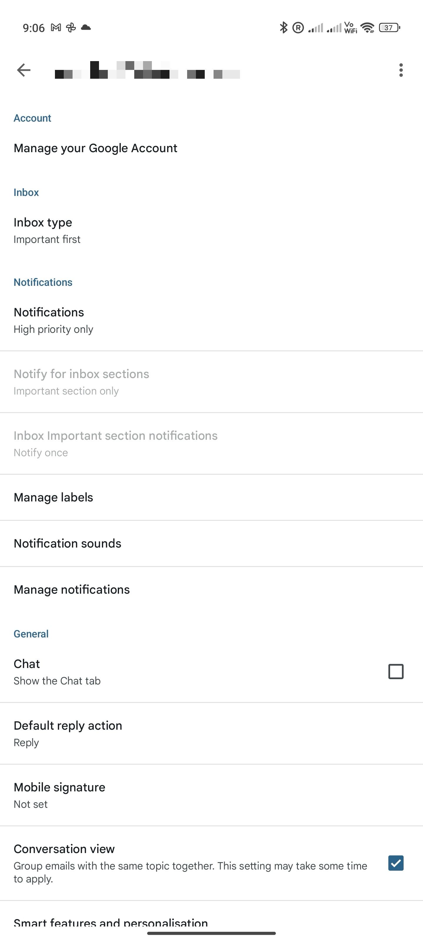 Configurações da conta do Gmail para Android mostrando a seção de notificação